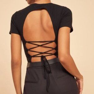 Reformation Small Pablo Black Ribbed Lace-up Open Back Top